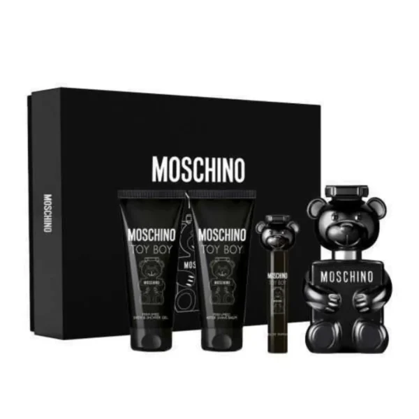 Moschino Toy Boy – Set de Regalo para Hombre 4 Piezas (EDP 100 ml + Gel de Ducha + Bálsamo Aftershave + Spray de Viaje)